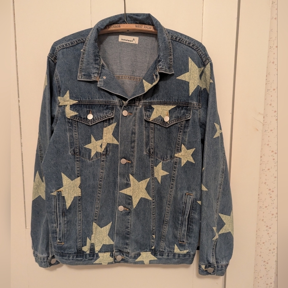 😎 Justalwart L Denim Star Print Jacket western country Oversized boho Festival
